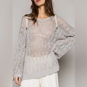POL new Crochet grey Knit Women's Sweater sz M L $58